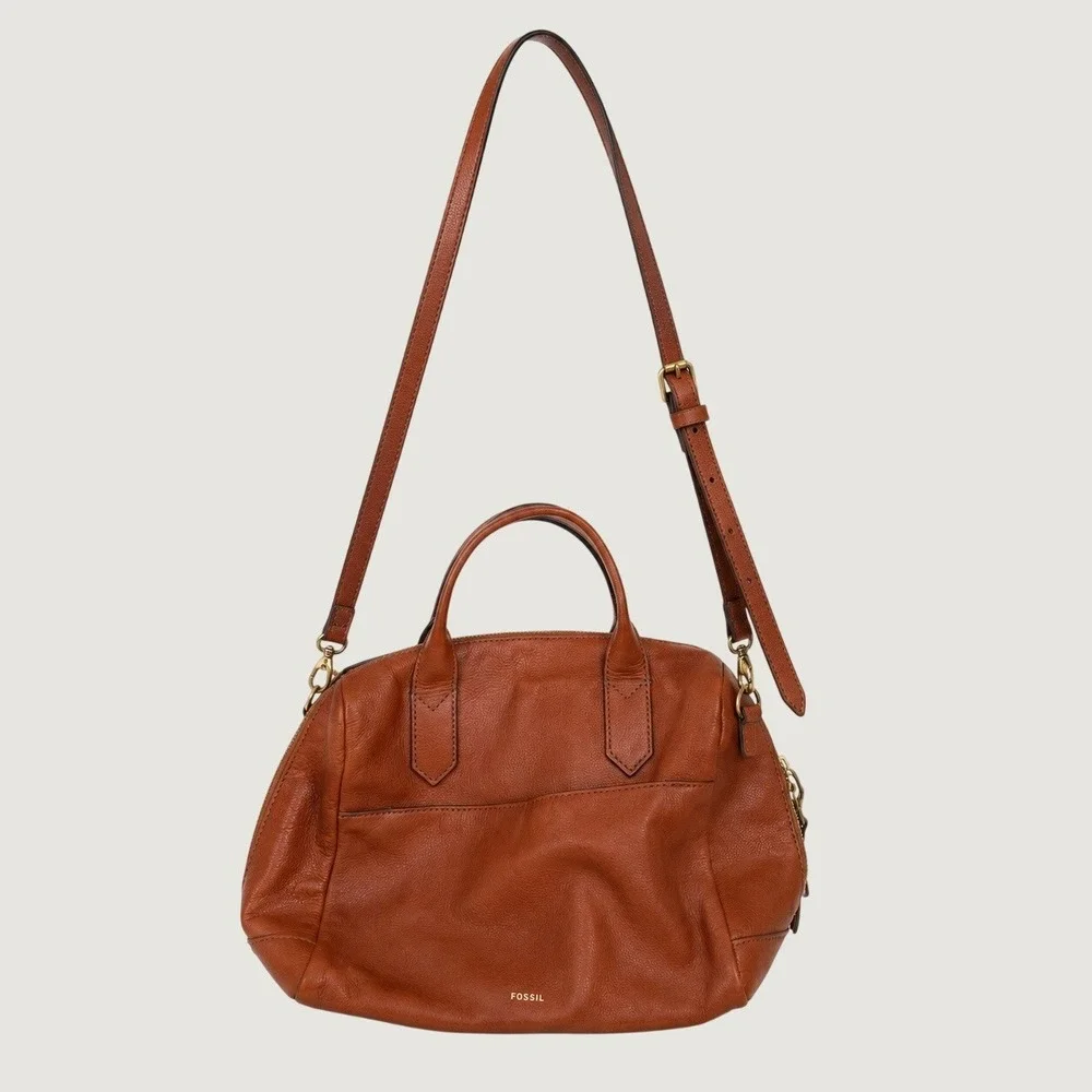 Fossil Cognac Brown Pebbled Leather Satchel Crossbody Bag ZB6750